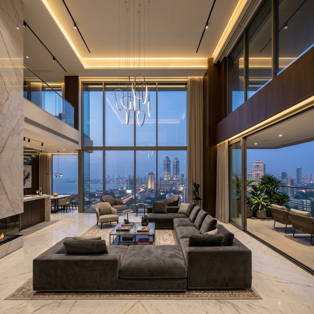 Panoramic penthouse living room with floor-to-ceiling windows overlooking Mumbai skyline