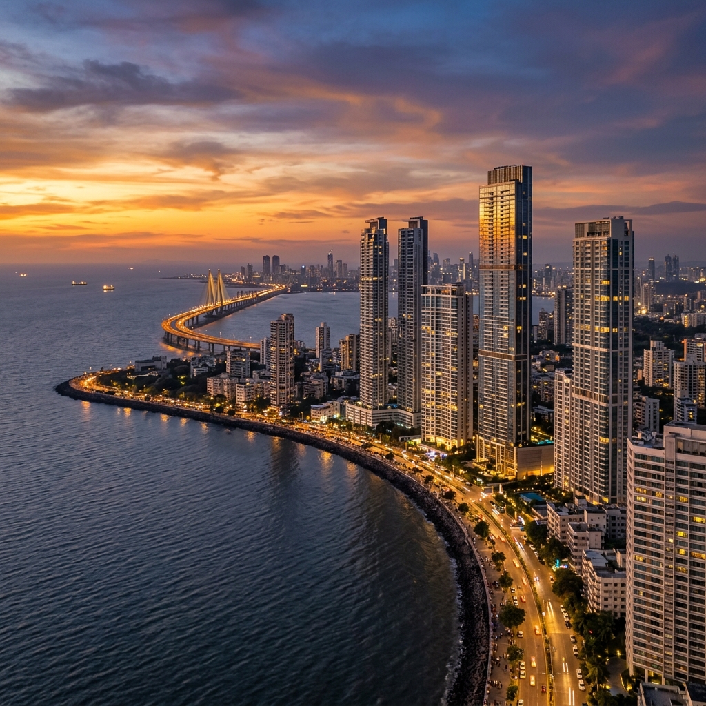 Panoramic view of Mumbai's luxury skyline at dusk featuring South Mumbai highrise towers